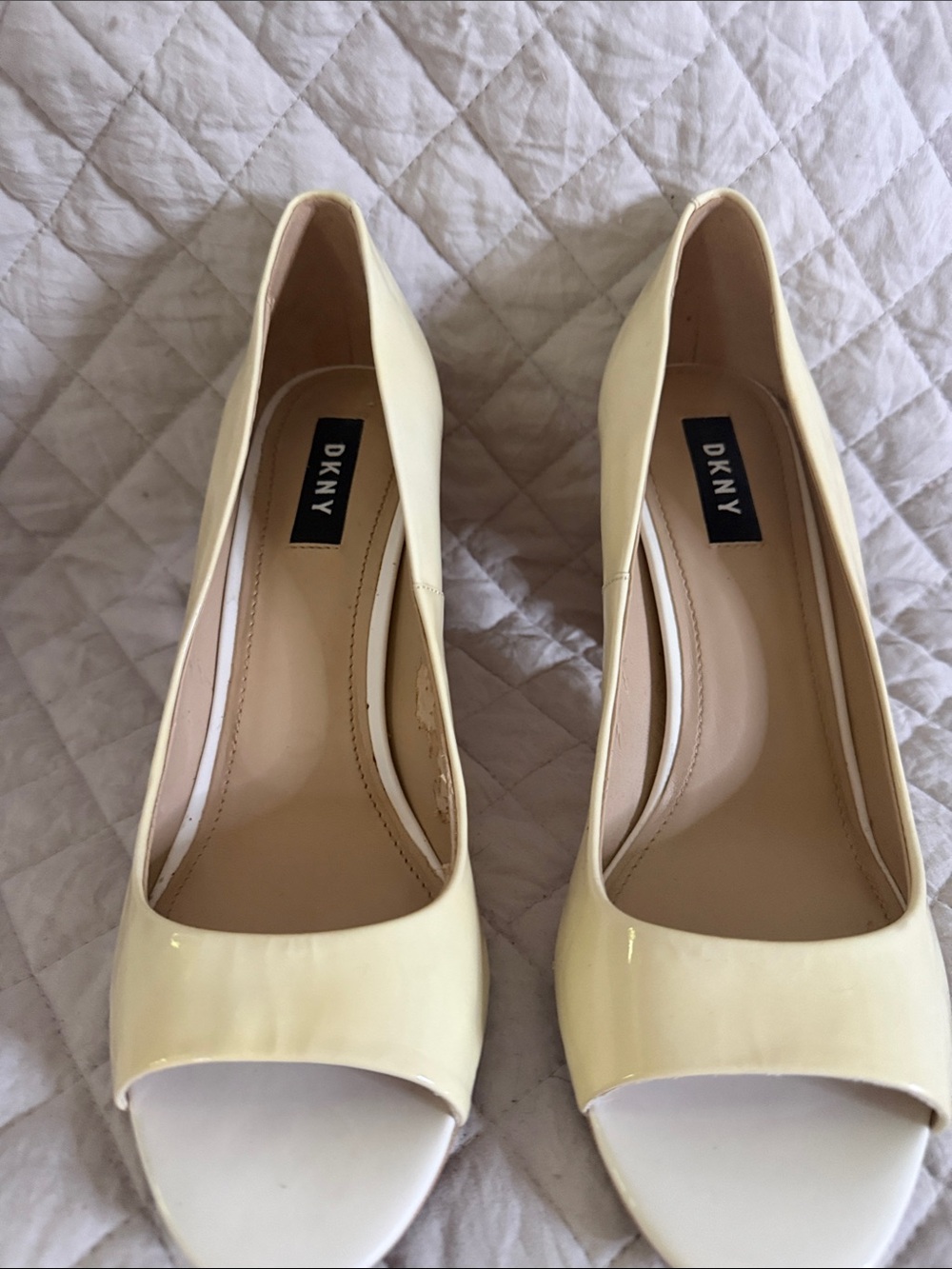 DKNY Cream Patent Peep-Toe Heels